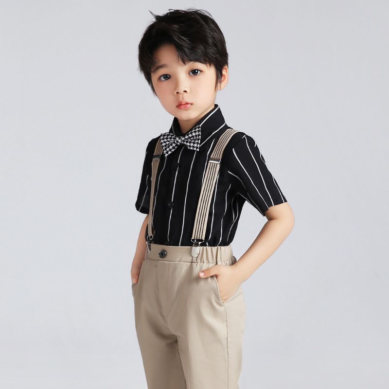 Boys Summer Cotton Short Sleeve Shirt & Shorts Set Pleated shirt + black view 3