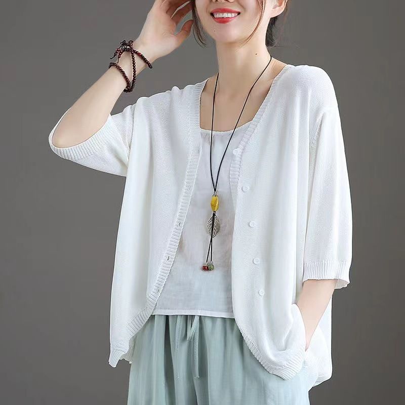 Ice Silk Women Cardigan Loose V Neck Half Sleeve White XL Size: XL view 6