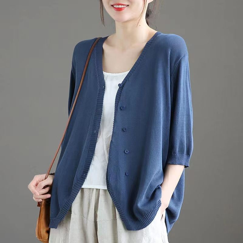 Ice Silk Women Cardigan Loose V Neck Half Sleeve White XXXL view 3