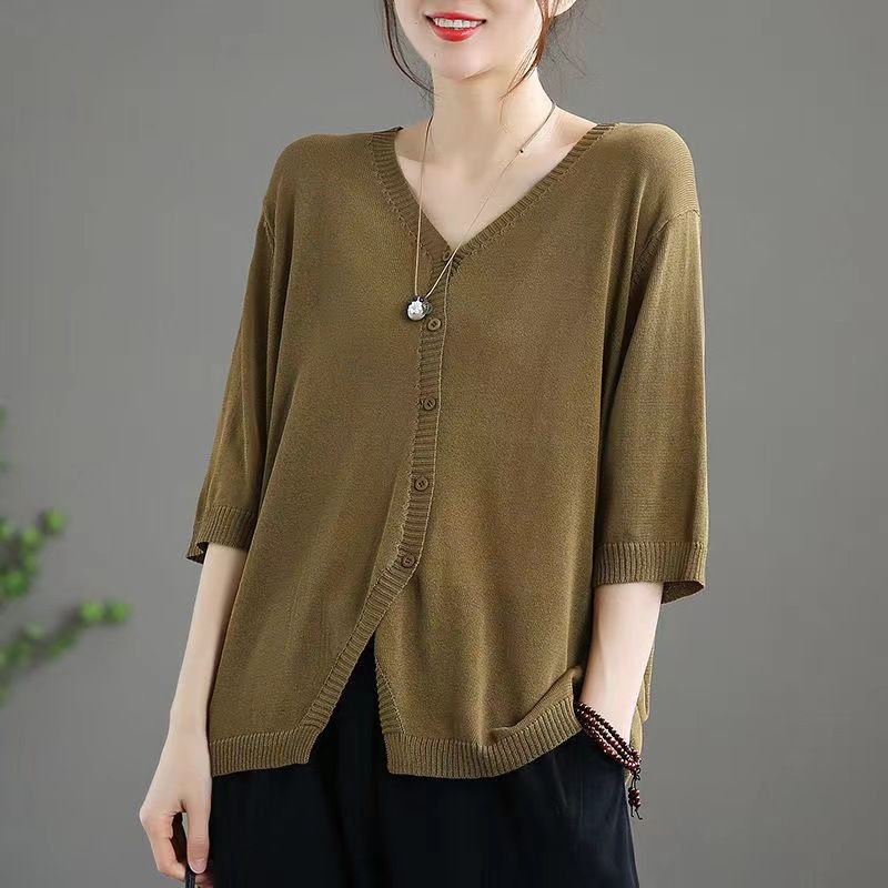 Ice Silk Women Cardigan Loose V Neck Half Sleeve pickle green Size: L