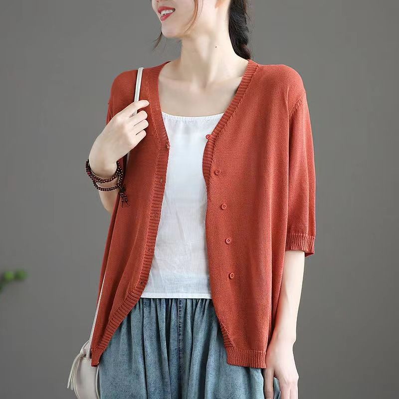 Ice Silk Women Cardigan Loose V Neck Half Sleeve orange red Size: S