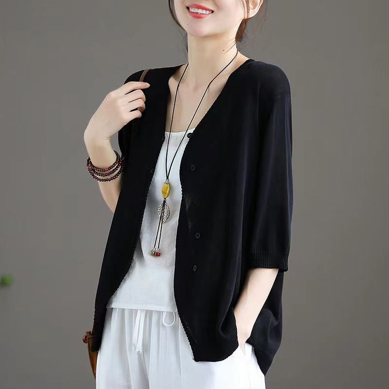 Ice Silk Women Cardigan Loose V Neck Half Sleeve orange red Size: L view 5