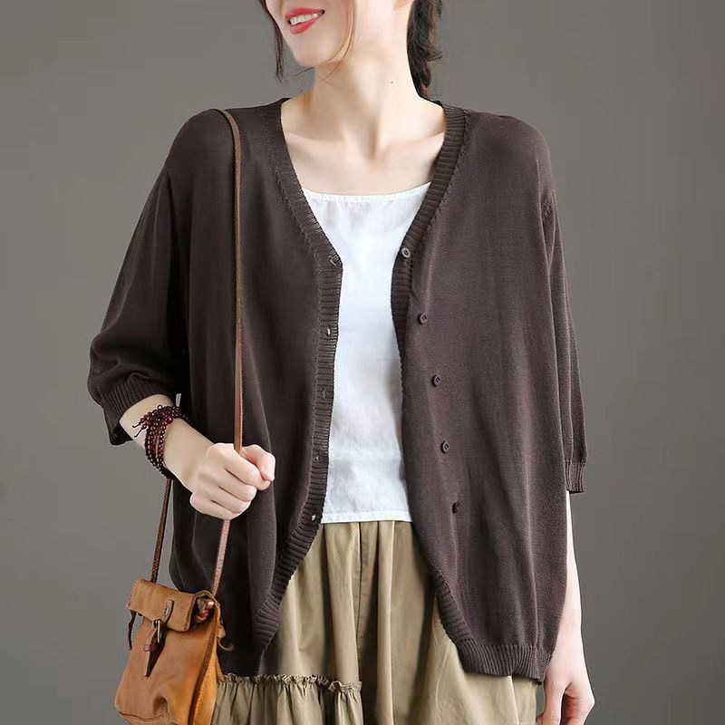 Ice Silk Women Cardigan Loose V Neck Half Sleeve Coffee Size: S