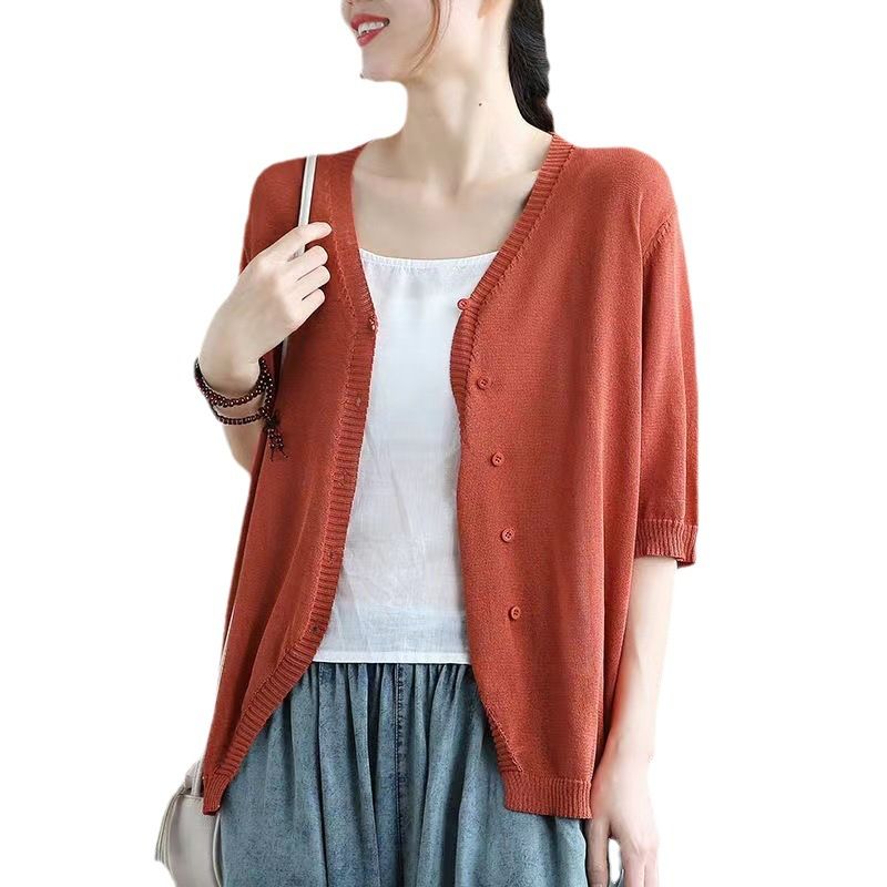 Ice Silk Women Cardigan Loose V Neck Half Sleeve Coffee Size: L view 7