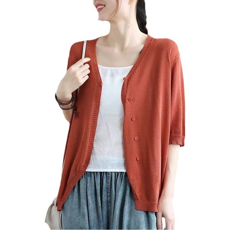 Ice Silk Women Cardigan Loose V Neck Half Sleeve Coffee XXL Size: XXL view 2