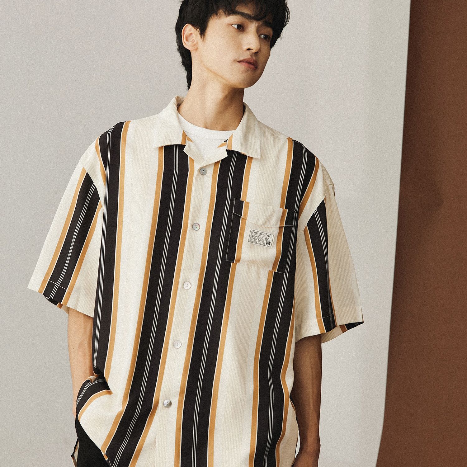 Men Short Sleeve Shirt American Style Stripe C125 Brown 2XL view 6