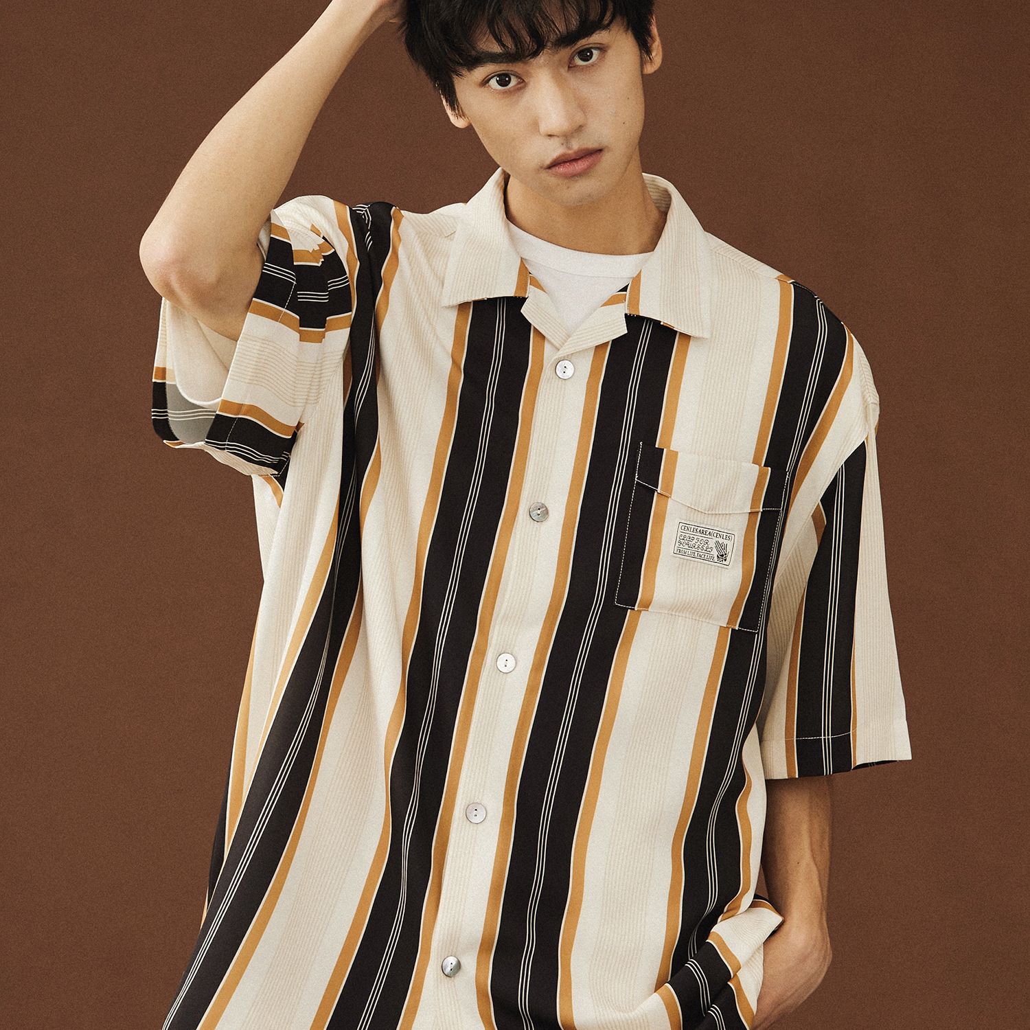 Men Short Sleeve Shirt American Style Stripe C125 Black view 4