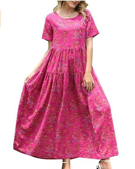Women Floral Long Dress Short Sleeve Polyester Picture Color 2 XXL Size: XXL