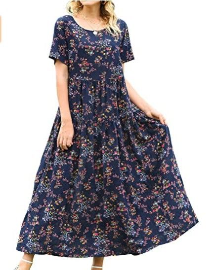 Women Floral Long Dress Short Sleeve Polyester Picture Color 3 Size: S