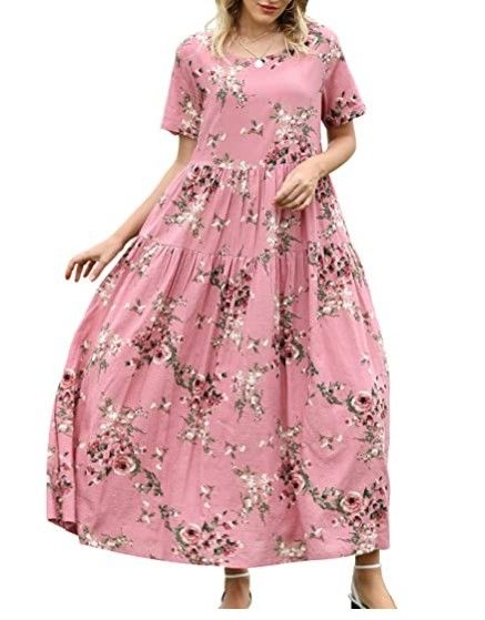 Women Floral Long Dress Short Sleeve Polyester Picture Color 4 M Size: M