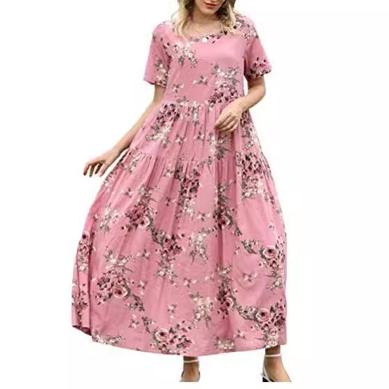 Women Floral Long Dress Short Sleeve Polyester Picture Color 4 Size: L view 6