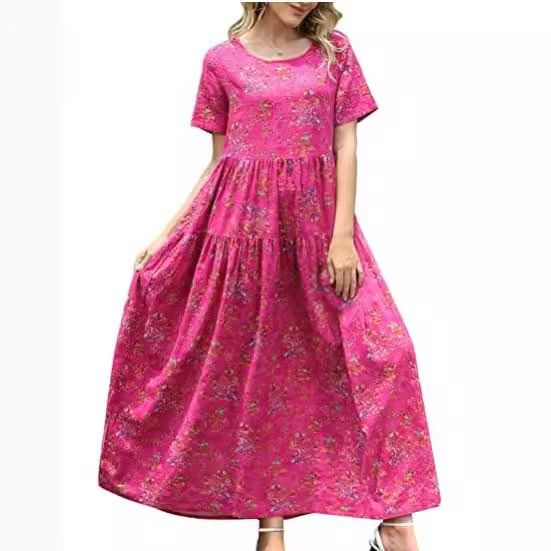 Women Floral Long Dress Short Sleeve Polyester Picture Color 5 XS view 4