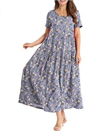 Women Floral Long Dress Short Sleeve Polyester Picture Color 5 Size: L