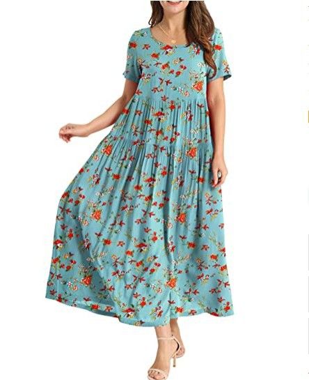 Women Floral Long Dress Short Sleeve Polyester Picture color 6 Size: L
