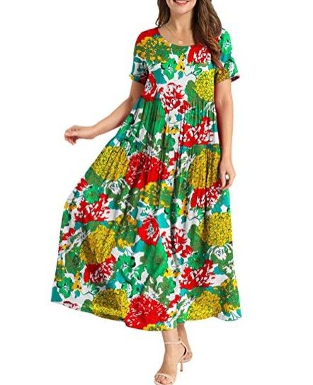 Women Floral Long Dress Short Sleeve Polyester Picture color 7 XL Size: XL