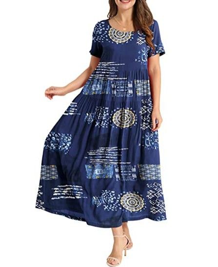 Women Floral Long Dress Short Sleeve Polyester Picture color 8 XL Size: XL