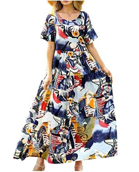 Women Floral Long Dress Short Sleeve Polyester Picture Color 9 Size: S