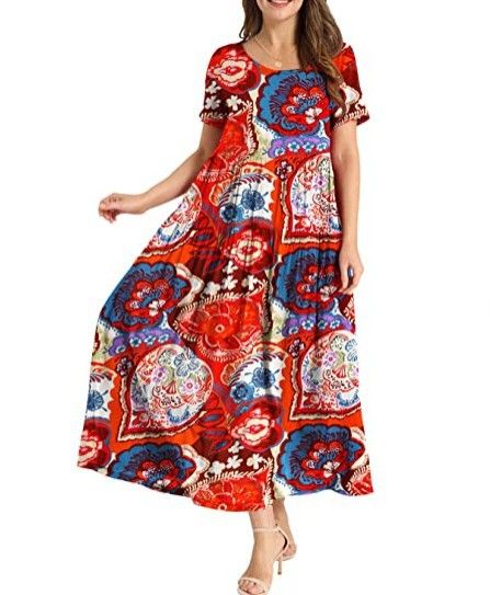 Women Floral Long Dress Short Sleeve Polyester Picture color 10 Size: L