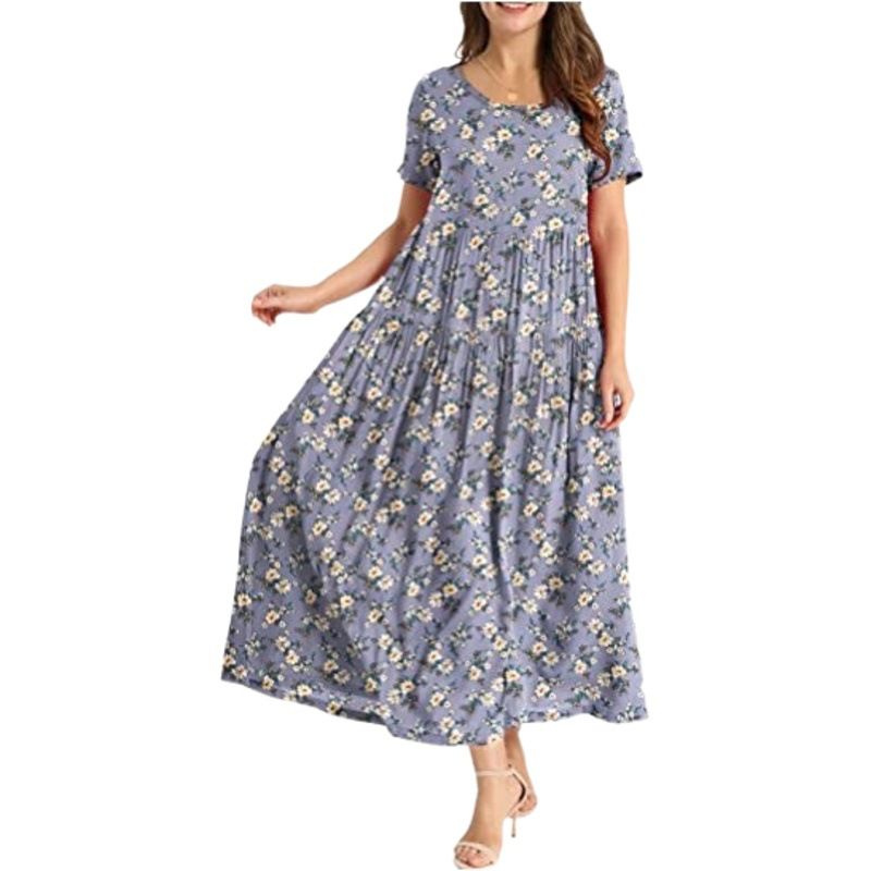 Women Floral Long Dress Short Sleeve Polyester Picture color 10 XXL Size: XXL view 2