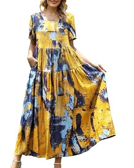 Women Floral Long Dress Short Sleeve Polyester Picture Color 11 XL Size: XL