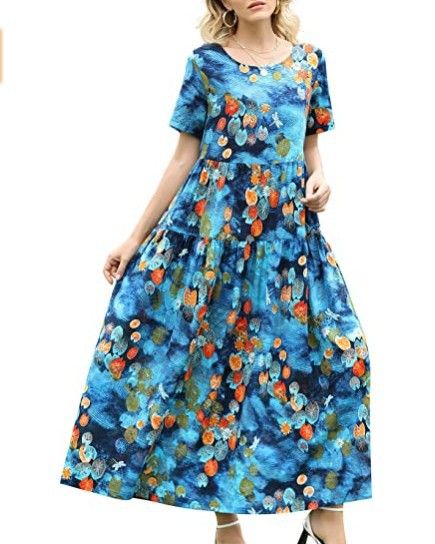 Women Floral Long Dress Short Sleeve Polyester Picture color 12 XL Size: XL
