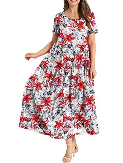 Women Floral Long Dress Short Sleeve Polyester Picture color 13 XS