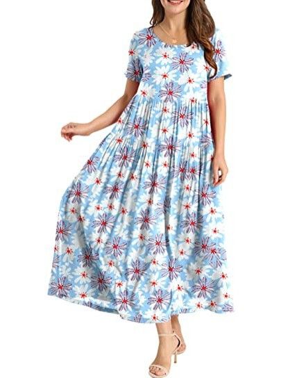 Women Floral Long Dress Short Sleeve Polyester Picture Color 14 Size: L