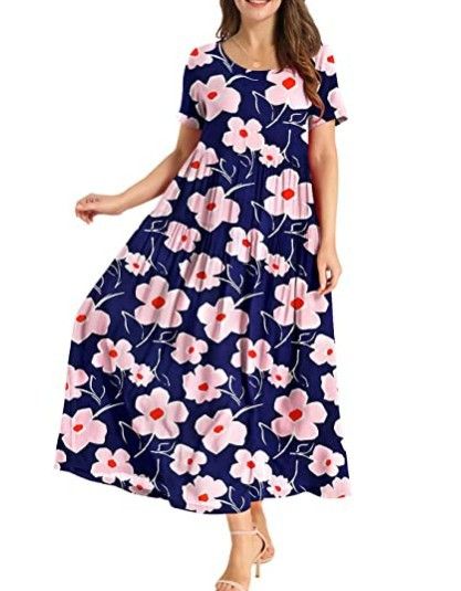 Women Floral Long Dress Short Sleeve Polyester Picture color 15 Size: L