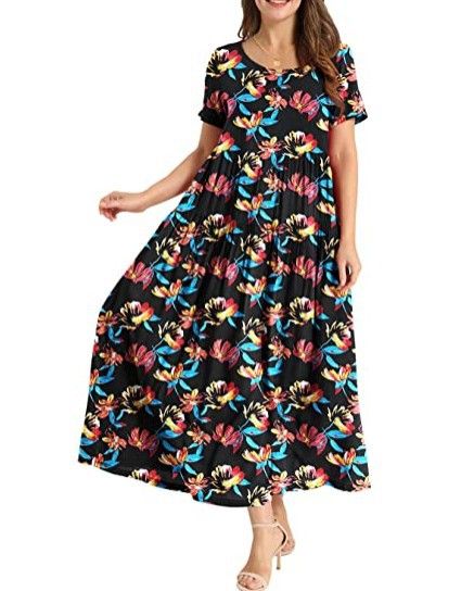 Women Floral Long Dress Short Sleeve Polyester Picture Color 16 Size: L