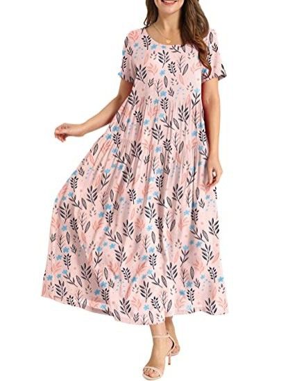 Women Floral Long Dress Short Sleeve Polyester Picture color 17 Size: S