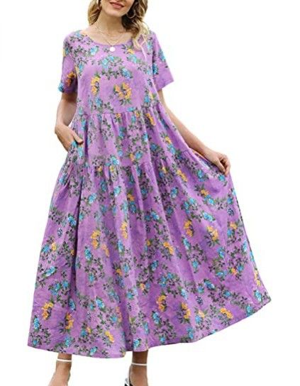 Women Floral Long Dress Short Sleeve Polyester Picture Color 18 XS