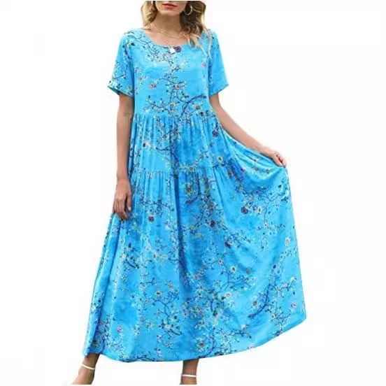 Women Floral Long Dress Short Sleeve Polyester Picture color 19 XS view 3