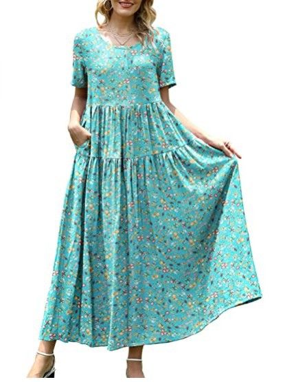Women Floral Long Dress Short Sleeve Polyester Picture color 19 Size: L