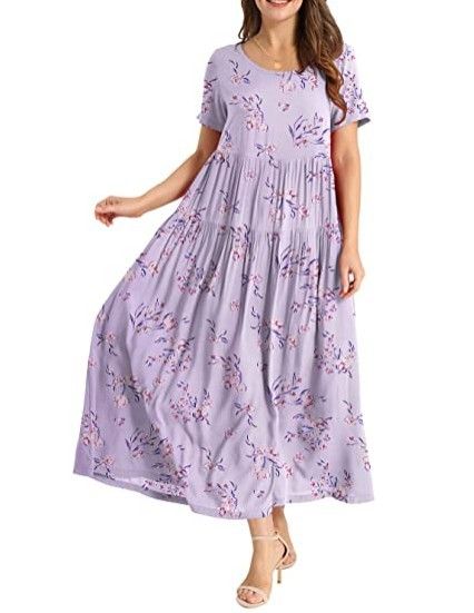 Women Floral Long Dress Short Sleeve Polyester Picture color 20 XL Size: XL