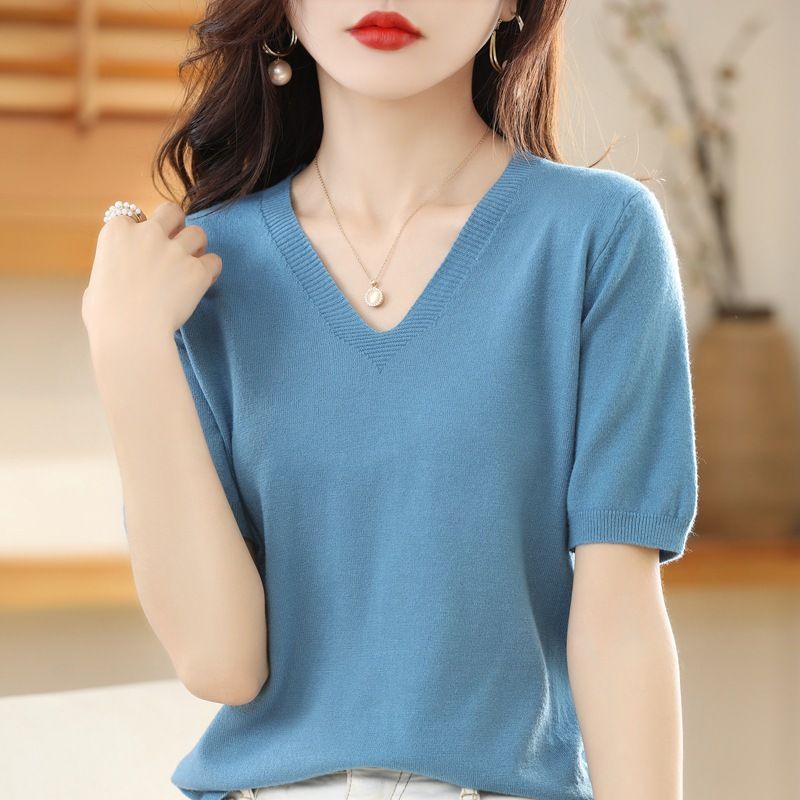 Women V Neck Knit Sweater Half Sleeve Pullover White L Size: L view 6