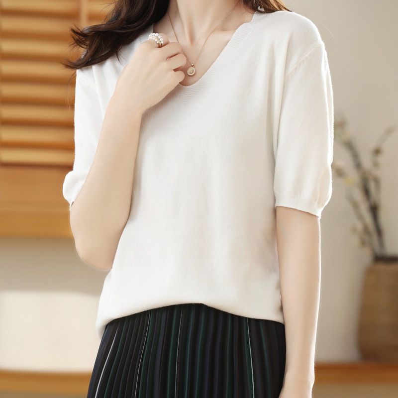 Women V Neck Knit Sweater Half Sleeve Pullover White XXL Size: XXL