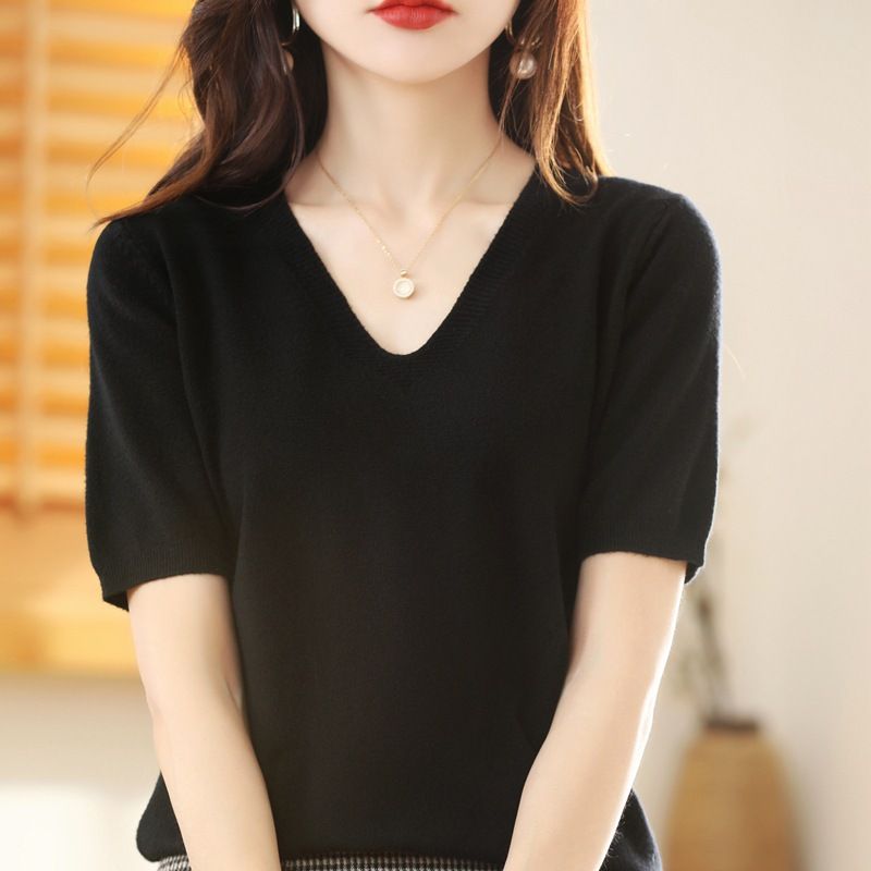 Women V Neck Knit Sweater Half Sleeve Pullover Black Size: S