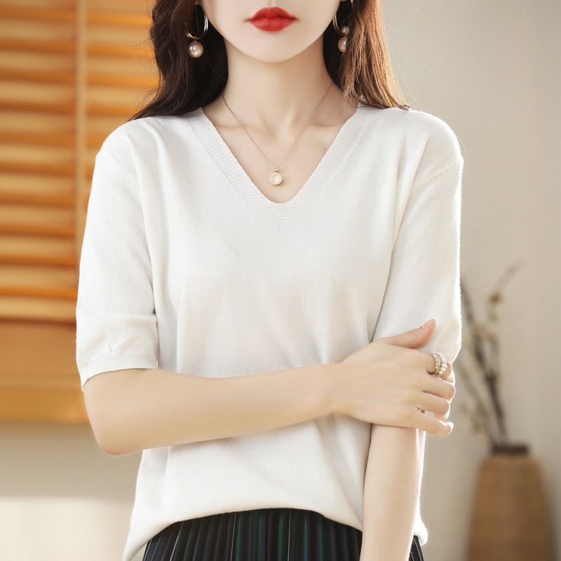 Women V Neck Knit Sweater Half Sleeve Pullover Black L Size: L view 3