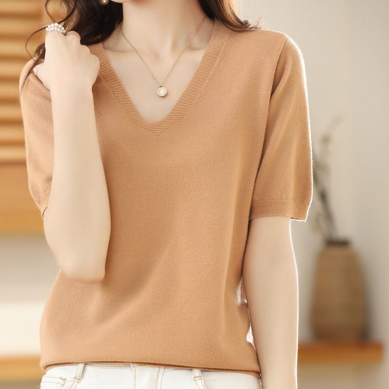 Women V Neck Knit Sweater Half Sleeve Pullover Golden Camel XL Size: XL