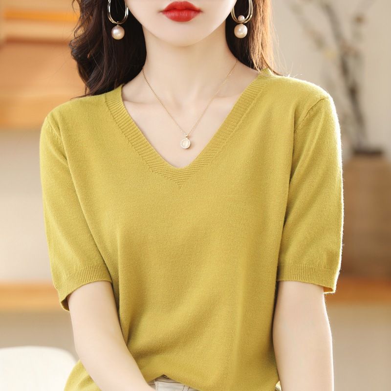 Women V Neck Knit Sweater Half Sleeve Pullover Beige M Size: M view 4
