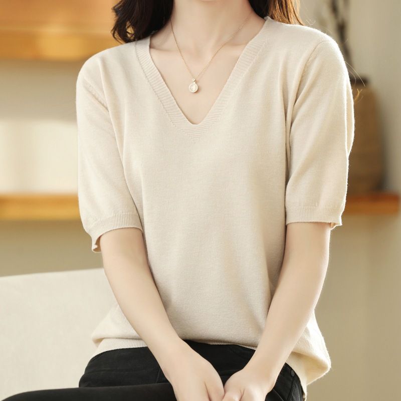 Women V Neck Knit Sweater Half Sleeve Pullover Beige L Size: L