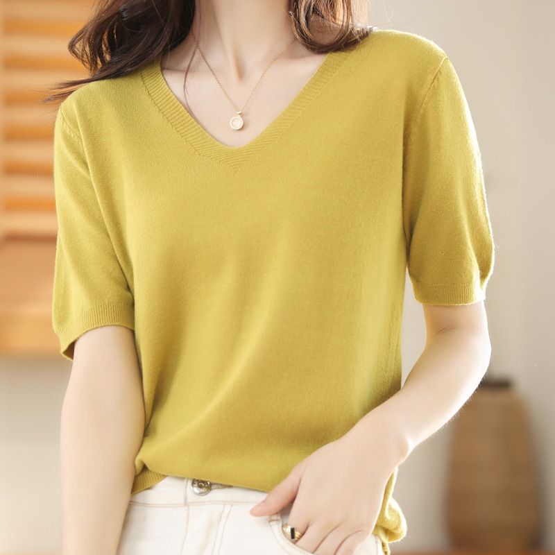 Women V Neck Knit Sweater Half Sleeve Pullover Autumn leaves yellow XXL Size: XXL