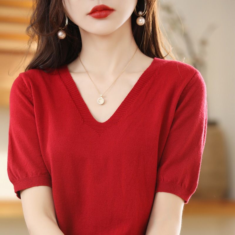 Women V Neck Knit Sweater Half Sleeve Pullover Rust red M Size: M