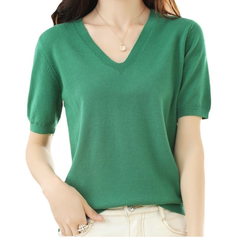 Women V Neck Knit Sweater Half Sleeve Pullover Rust red XXL Size: XXL view 2
