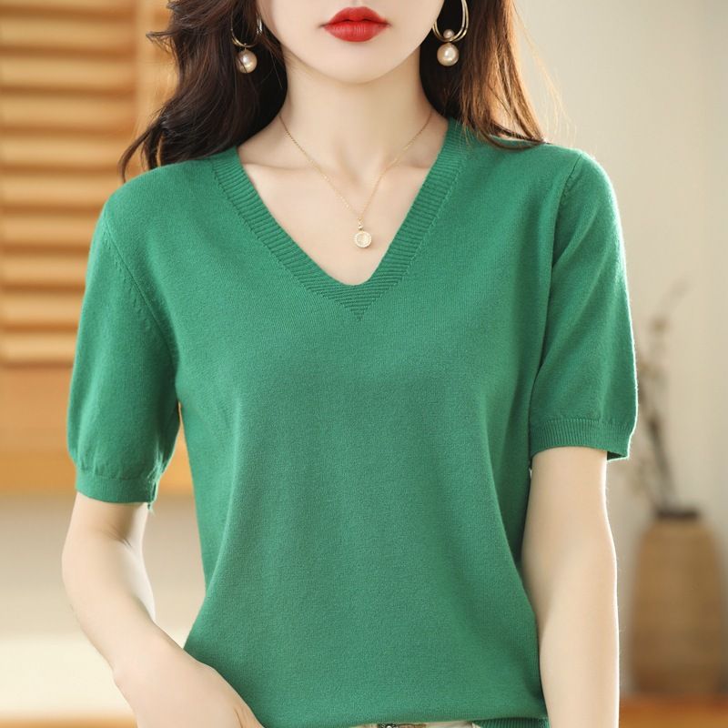 Women V Neck Knit Sweater Half Sleeve Pullover Emerald XL Size: XL