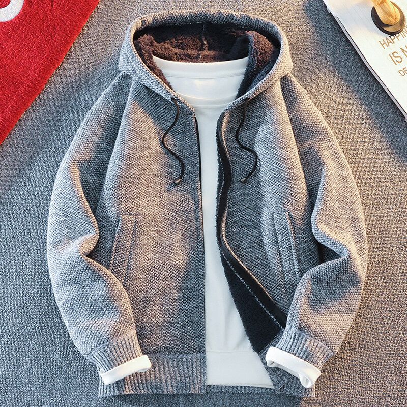 Men Hooded Thick Knitwear Loose Long Sleeve Blue Gray view 2