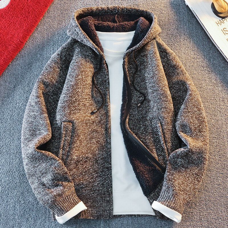 Men Hooded Thick Knitwear Loose Long Sleeve Blue Gray 3XL view 3
