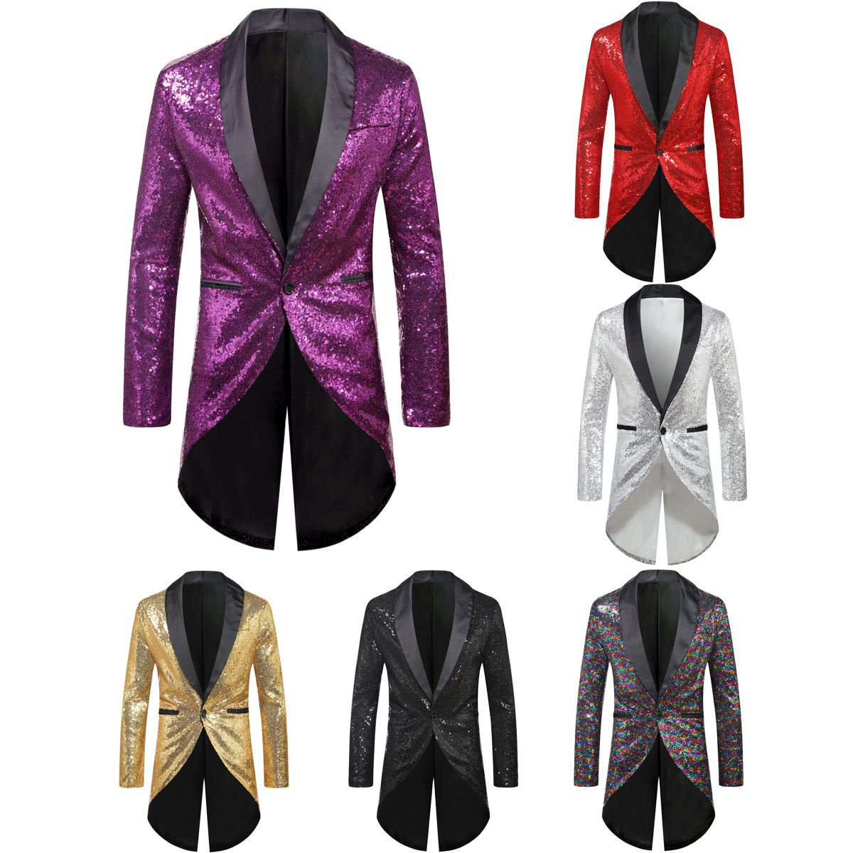 Men Sequin Suit One Button Casual Polyester Purple XL view 3