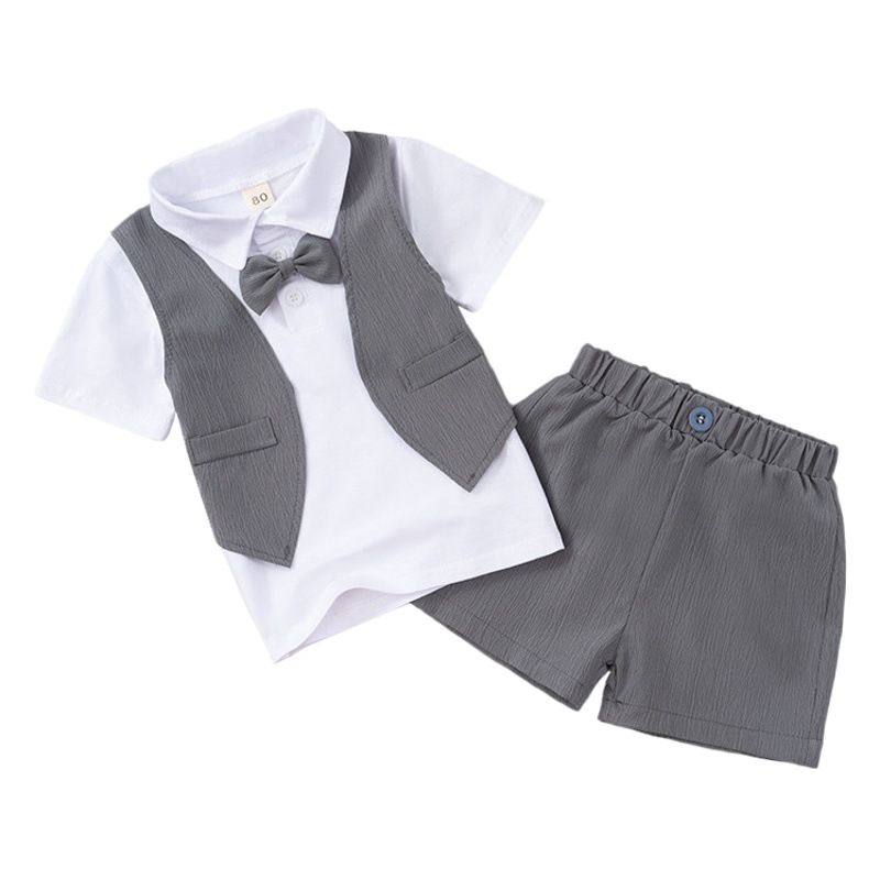 Boys Summer Cotton Suit Short Sleeve Two Piece Set White 80cm view 2