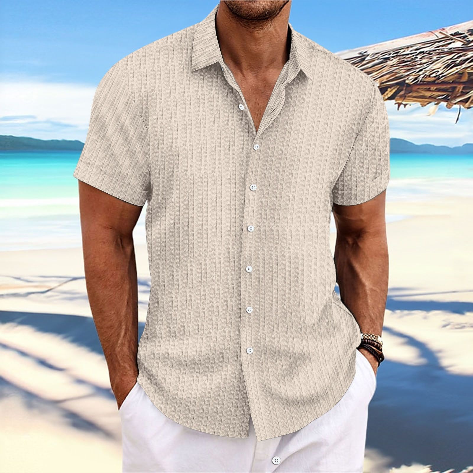 Men Cotton Linen Striped Casual Shirt Orange view 5
